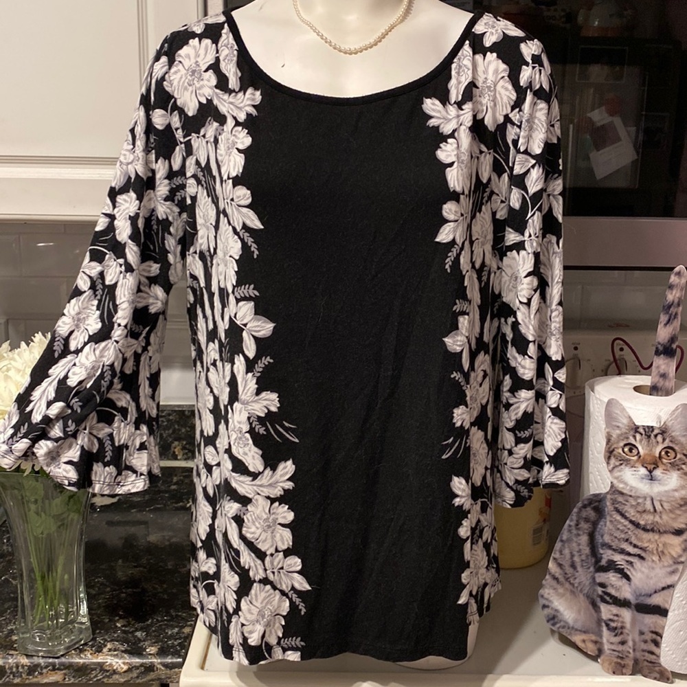 J womens Cato black pullover 3/4 sleeve stretch floral top XL